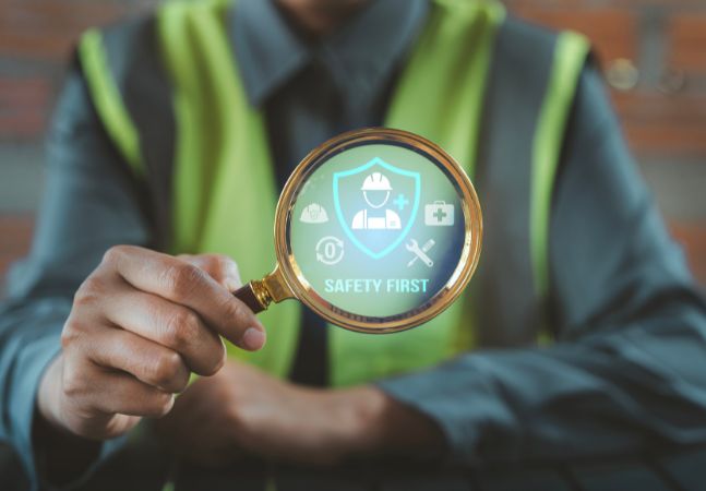 Engineer holding magnifying glass focusing on safety first