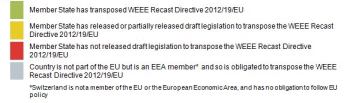 Member states colored red in the map have not yet released draft legislation to transpose the WEEE Recast Directive.