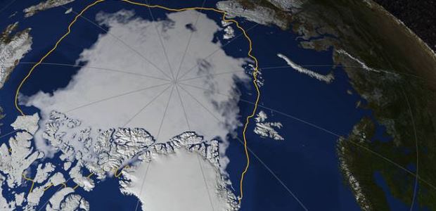 This image shows Arctic sea ice on Sept. 13, 2017, when the ice reached its annual minimum. The yellow line marks the 30-year average minimum sea ice extent from 1981 through 2010. (Credit: NASA