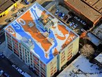 The roof mural, by artist Molly Dilworth, represents New York and New Jersey after a seven meter rise in sea levels. It was created for a 350 Earth project.