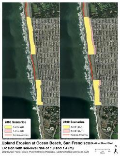 This is a map showing the areas likely to be affected by upland erosion at Ocean Beach, San Francisco, following a range of sea level rise scenarios. The map shows Ocean Beach between Sloat Boulevard to the south and Lincoln Way to the north. This forecast was part of a new state-commissioned study conducted by economists at San Francisco State University examining the economic impact of sea level rise in California.