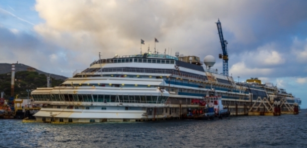 Uprighted in September 2013, the Costa Concordia now sits upright on a platform the salvage companies constructed. (Photo by The Parbuckling Project)