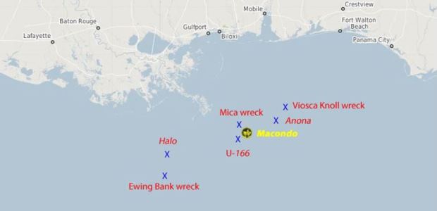 The six shipwreck sites are located relatively near the Macondo well site that caused the 2010 oil spill.