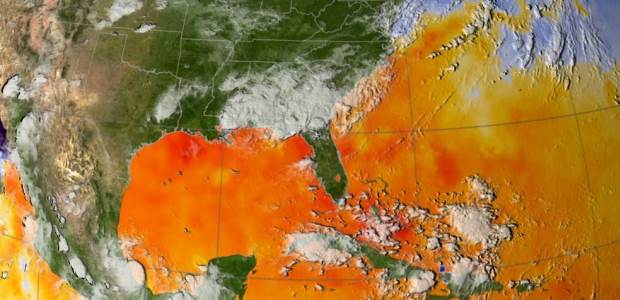 This map of ocean surface temperatures shows how warm waters in the North Atlantic fueled Hurricane Katrina. (Scientific Visualization Studio/NASA Goddard Space Flight Center photo)