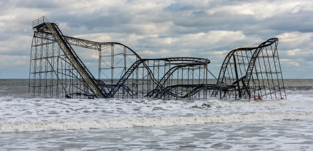 The Jet Star roller coaster is seen in the Atlantic Ocean off of Seaside Heights, New Jersey, USA after hurricane Sandy.