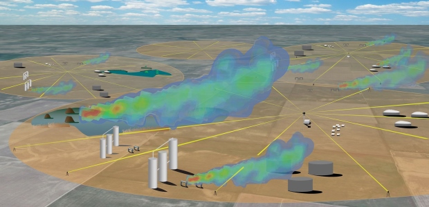 The researchers successfully tested the method at a Colorado well field containing place methane leak sources. (Stephanie Sizemore and Ian Coddington/NIST illustration)