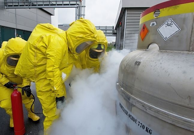suits stop a simulated leak of the dangerous chemical substance ethylene oxide