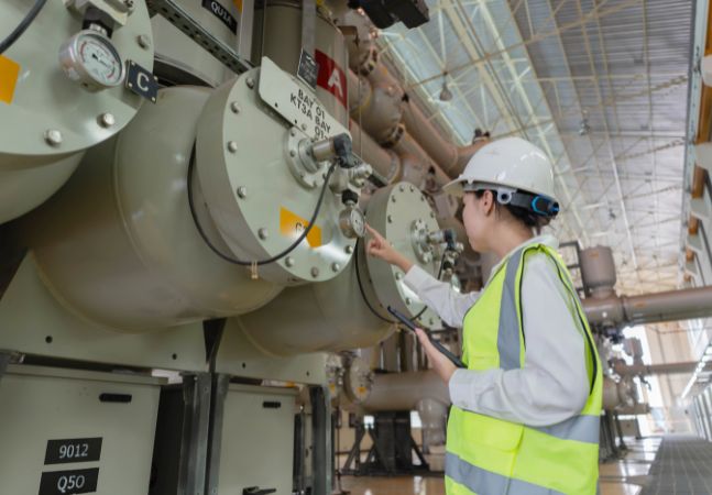 Plant worker checking energy consumption