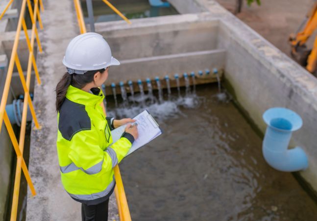 Worker testing water at treatment plant