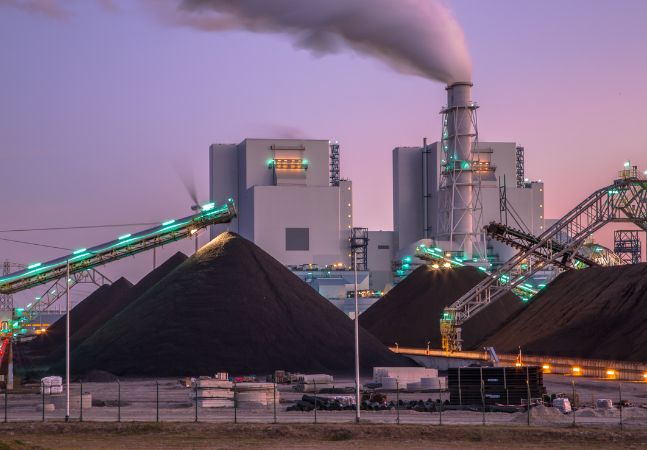 Newly built coal powered plant at dusk