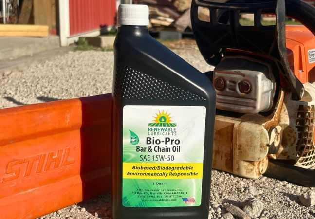 Bio Pro oil next to a chainsaw